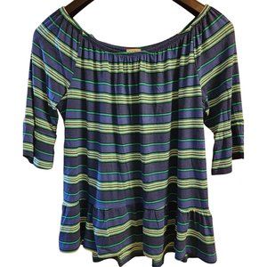 Como Vintage Petite Med Top Elastic Neckline Ruffle Hem And Sleeves Stripe